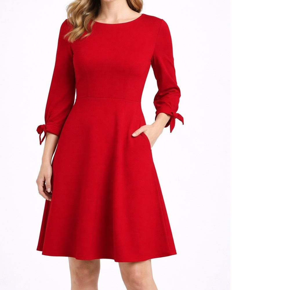 Talbots Womens 4 Red Ponte Knit Fit & Flare Dress Bow Sleeve Pockets‎ Boat Neck